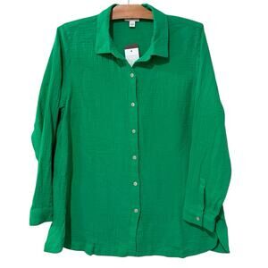 J. Jill | Button Down Top Crinkle Green Long Sleeve Resort Vacation NWT- Medium